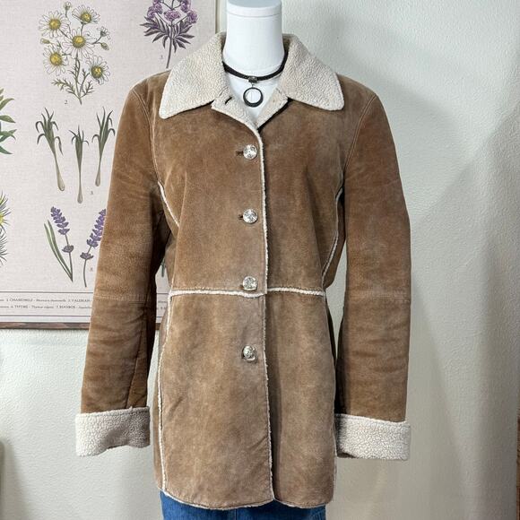 Vintage Y2k Brown Suede Leather Sherpa Lined Coat Cabincore Gorpcore Outdoor M - Picture 2 of 14